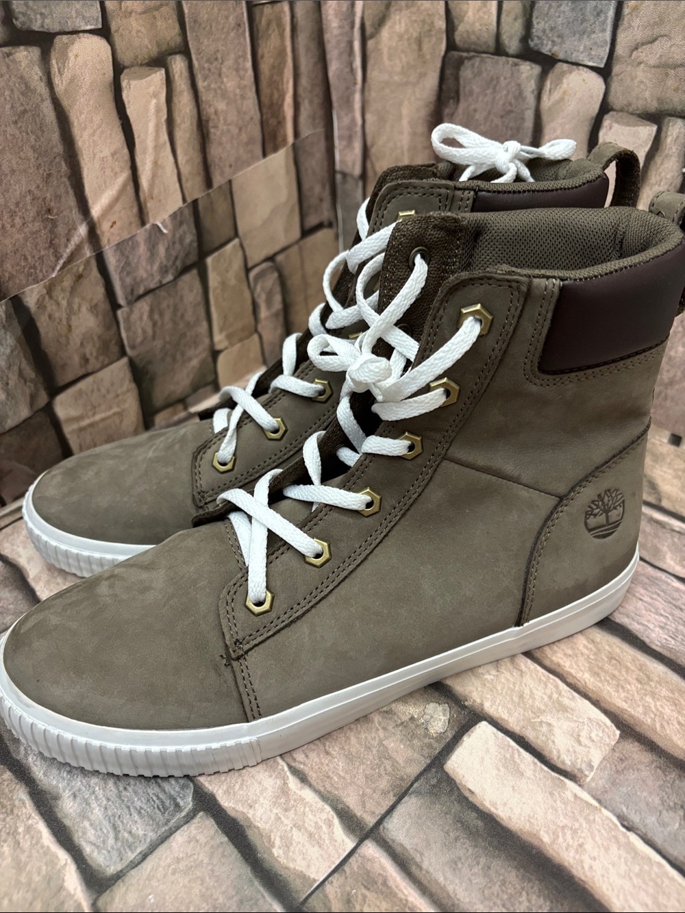 Timberland Olive High-Top Sneakers with White Laces